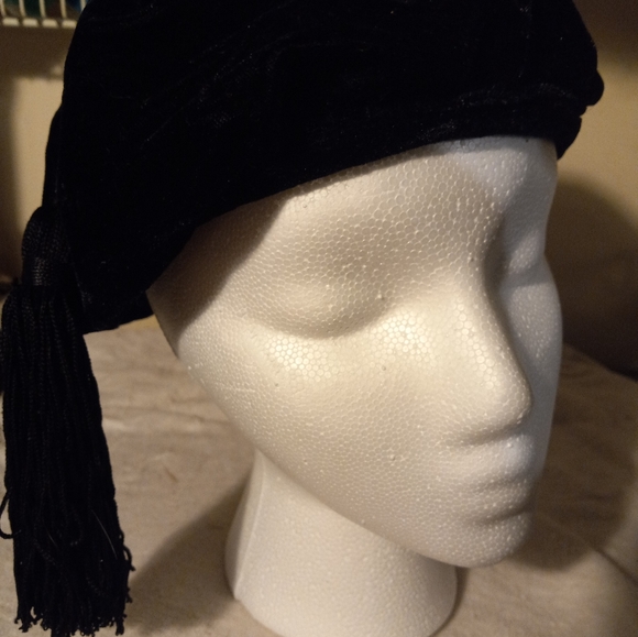 Used,not new, never worn black velvet beret with extra long attached tassel. - Picture 2 of 3
